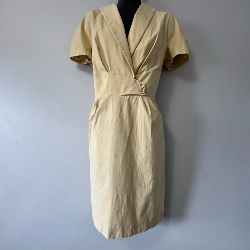Dior Yellow Wrap Midi Dress with Puff Sleeves, Vintage Size 10
